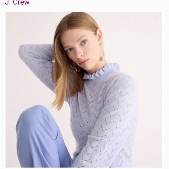 J. Crew Womens Cashmere Ruffles Pointelle Mockneck Sweater in Shale Blue XS - Picture 3 of 5
